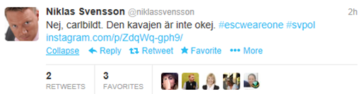 "Nej, Niklas, nej. Man subtweetar inte Sveriges utrikesminister. Uppenbarligen en fnurra på trån här. Ny svag tvåa. Klen start."